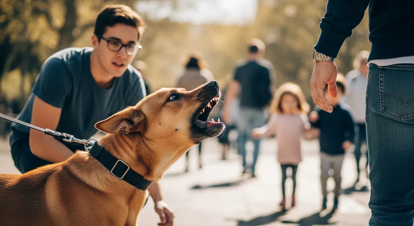 Aggressive dog on a leash barking at a person in a public park in Miami, illustrating the need for a dog bite lawyer in Florida.