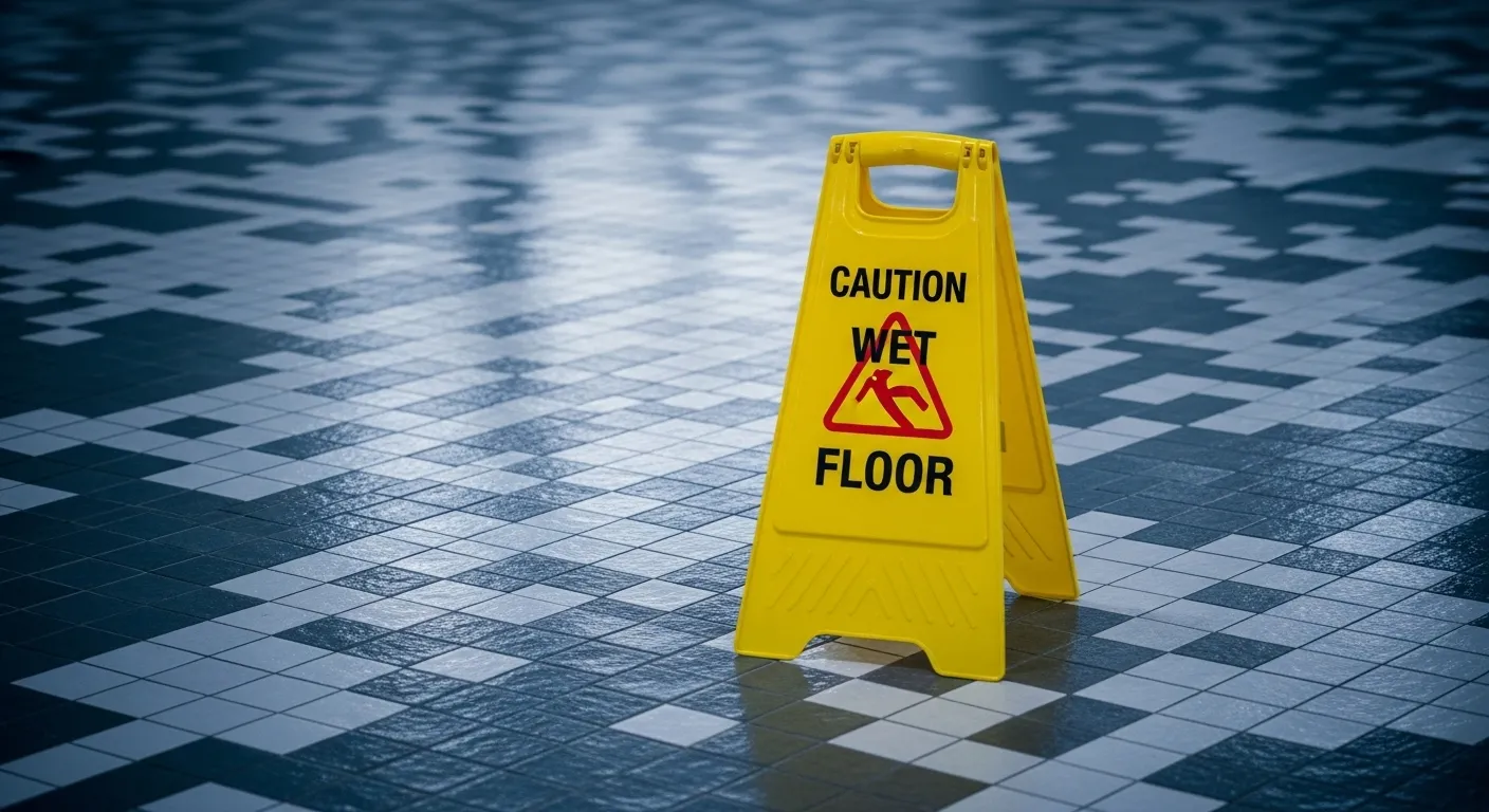 A yellow 'wet floor' sign on a tile floor, representing a slip and fall hazard