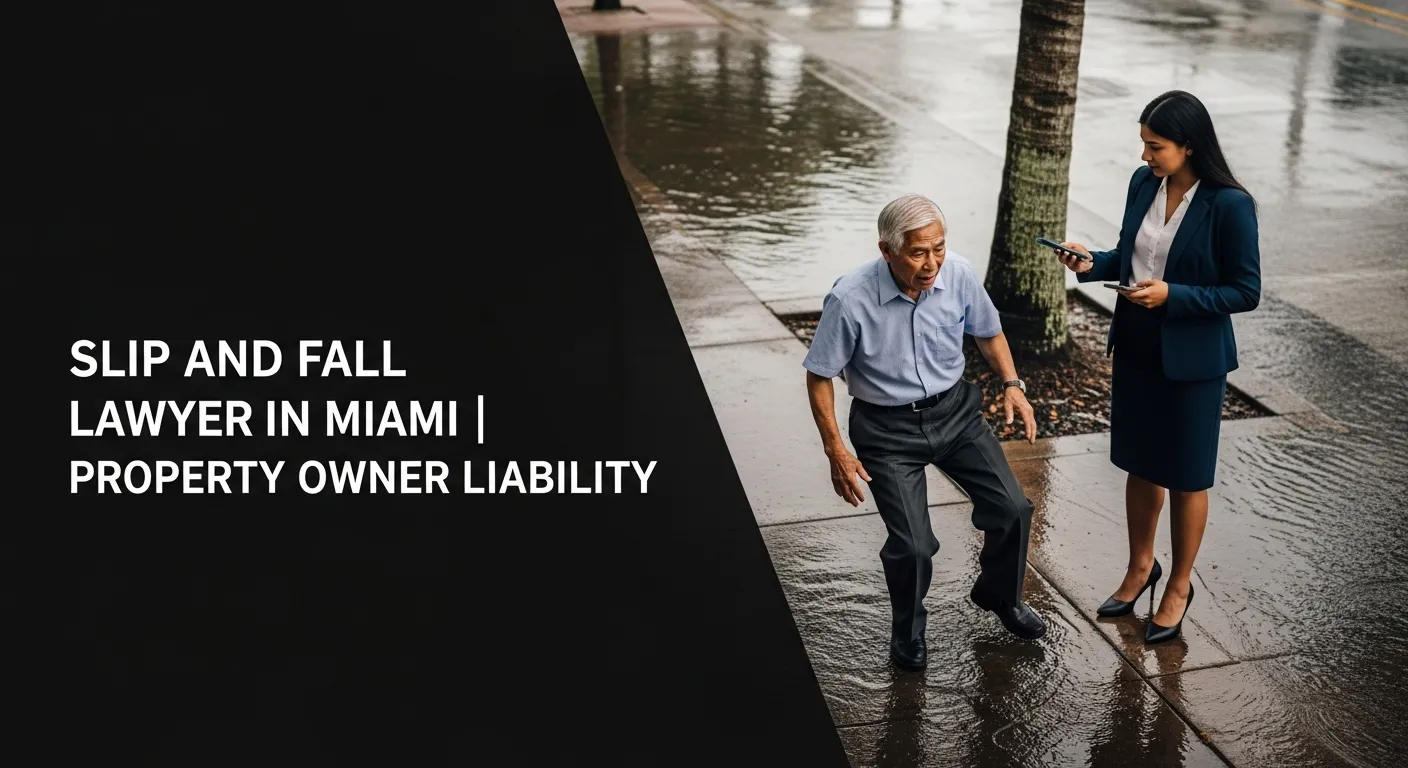 A slip and fall lawyer in Miami documents the scene as an elderly man stumbles on a wet sidewalk, demonstrating the concept of property owner liability