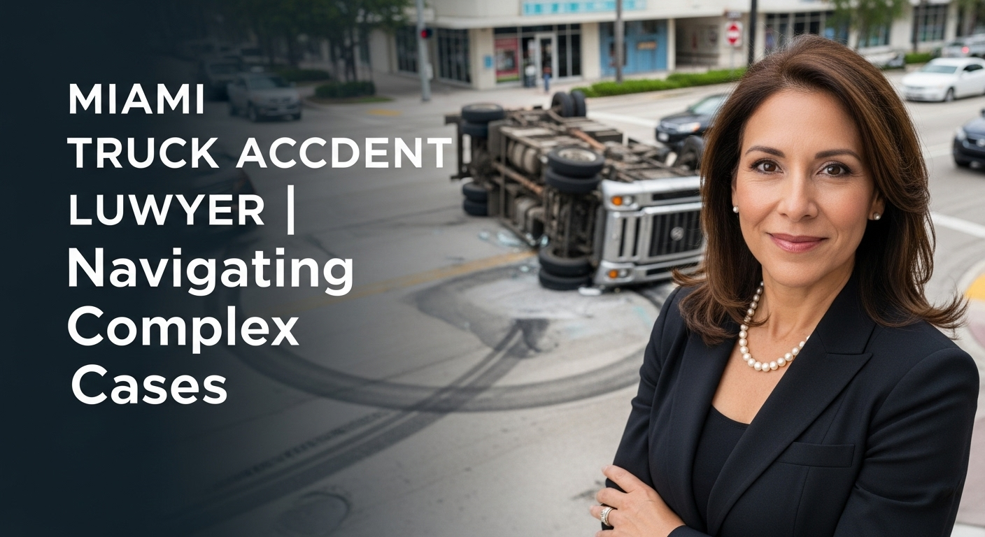 A confident Miami truck accident lawyer is featured in front of a background image of an overturned semi-truck, illustrating her expertise in navigating complex cases.