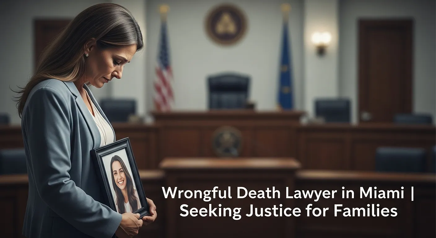 A grieving woman holding a framed photo of a deceased loved one stands inside a courtroom, representing a family's fight for justice with a wrongful death lawyer in Miami.